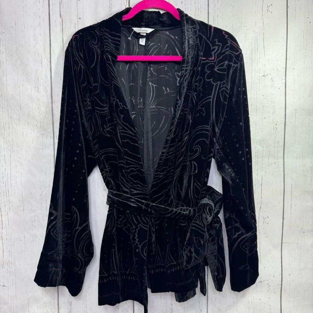 Soma Womens Black Burnout Velvet Wrap Robe L/XL Tie Waist Soft Goth Cottagecore
